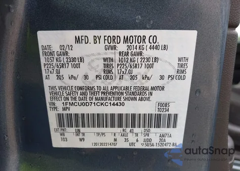 2012 Ford Escape Xlt из США, поврежденный, VIN 1FMCU0D71CKC14430